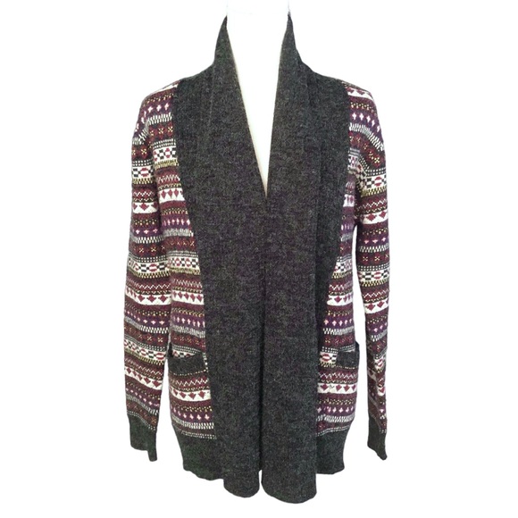Anthropologie Tulle Charcoal Gray Maroon & Gold Open Cardigan W/ Pockets Size M - Picture 1 of 7